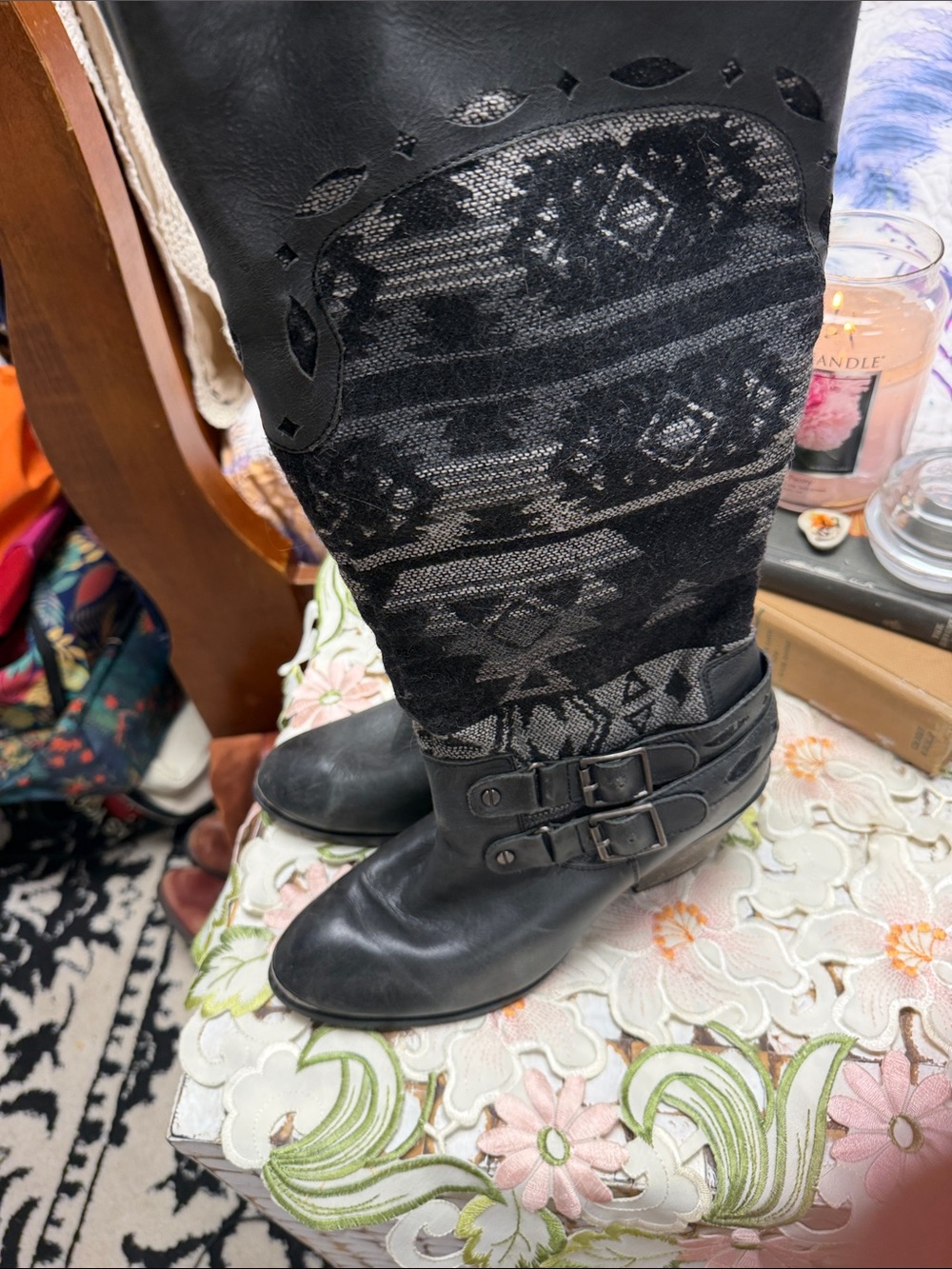 Black Patterned Knee-High Buckle Boots *need to be re heeled*